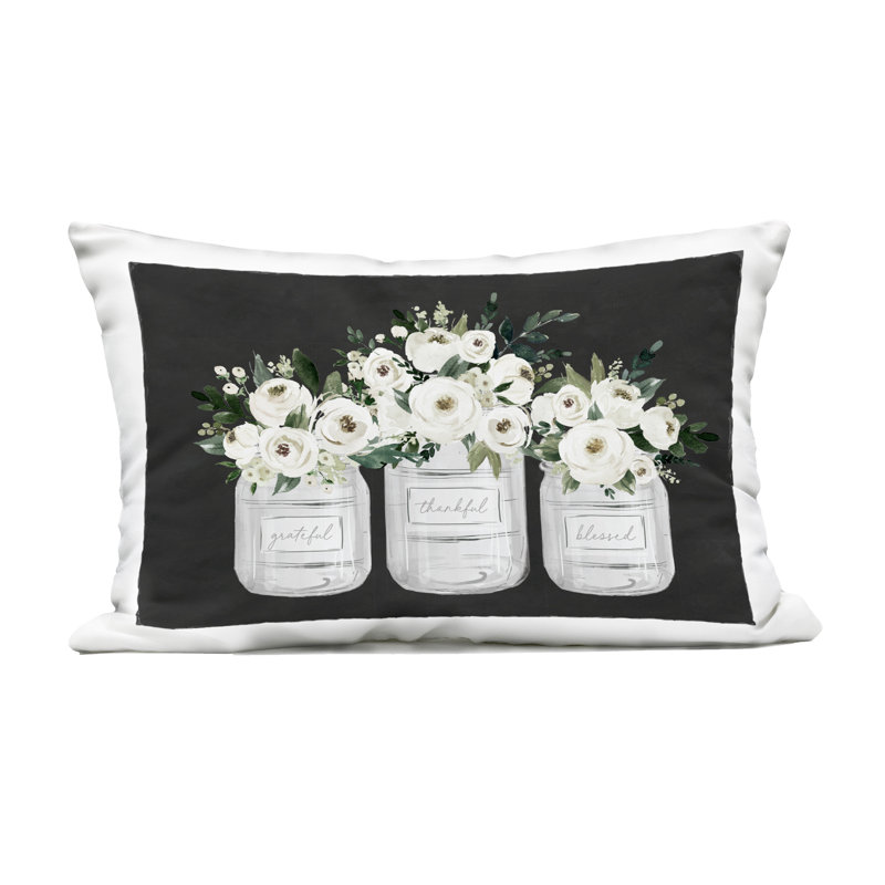 Coussin d'extérieur Floral Farmhouse Jars Trio, Texte et chiffres noirs 9, Rectangle H 14 po x l 20 po