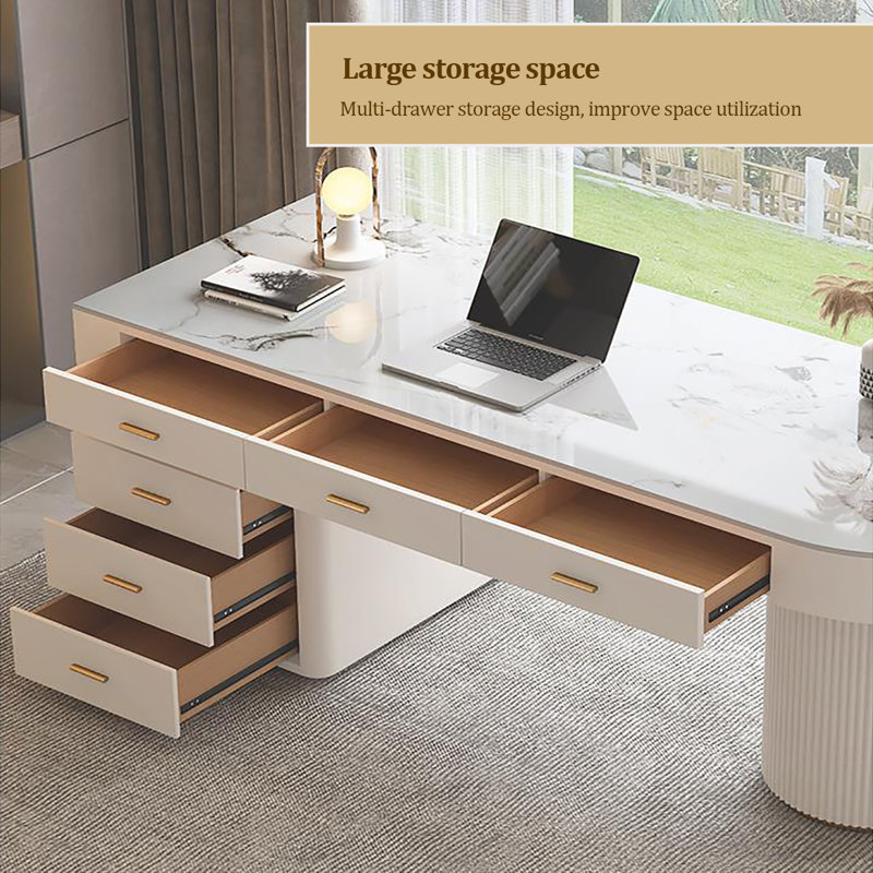 62.99"semi-circle Sintered Stone Office Desk, Modern Minimalist With Drawers, 29.53" H x 62.99" W x 27.56" D