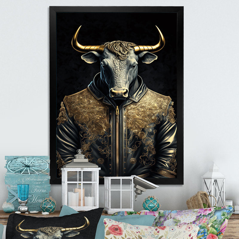 «Karlesha Bull With A Stylish Designeather», reproduction sur toile, Impression noire sur toile encadrée