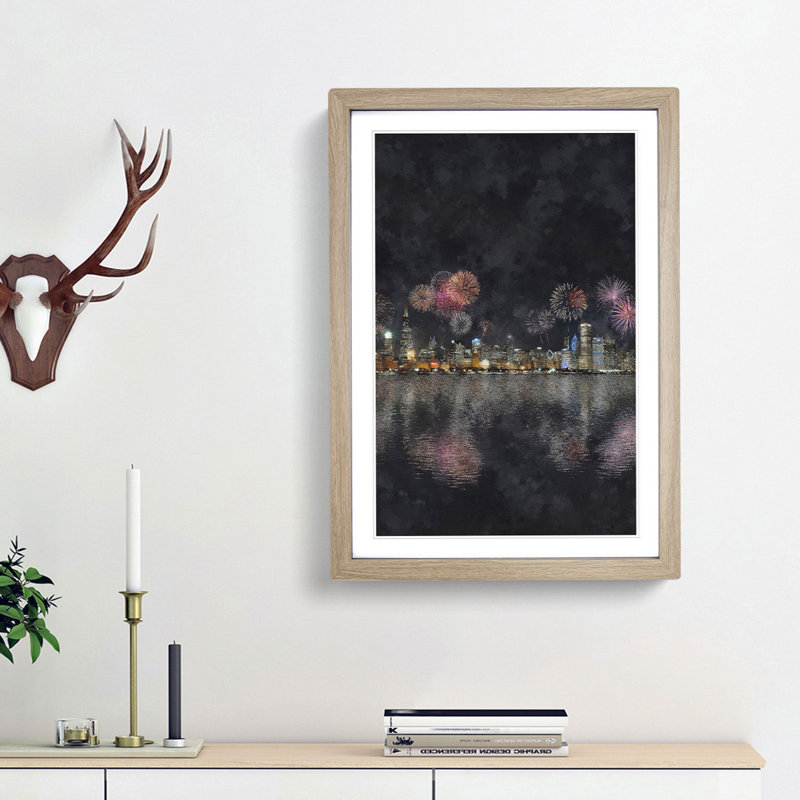 Fireworks Above the Chicago - Picture Frame Painting Print, Oak Framed, 63cm H x 45cm W x 2cm D