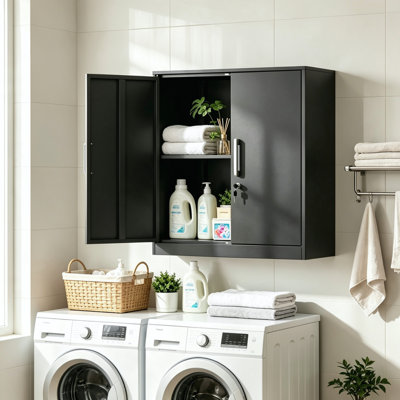 Lockable Wall Mounted Steel Garage Cabinet, Floating Hanging Storage Cabinet with Doors & Adjustable Shelf for Utility Room