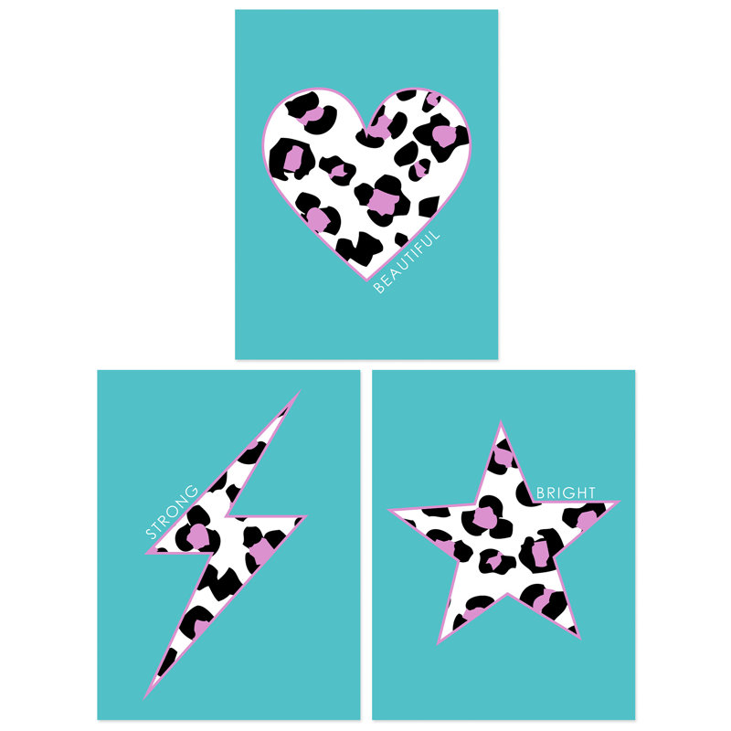 Leopard Pattern Heart Lightning Star Shape Red Motivational - 3 Piece No Frame Print Set, 29.7cm H x 21cm W x 0.4cm D