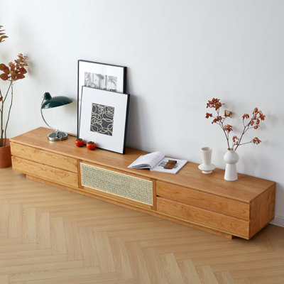 Modern Minimalist Cherry Wood and Rattan TV Stand