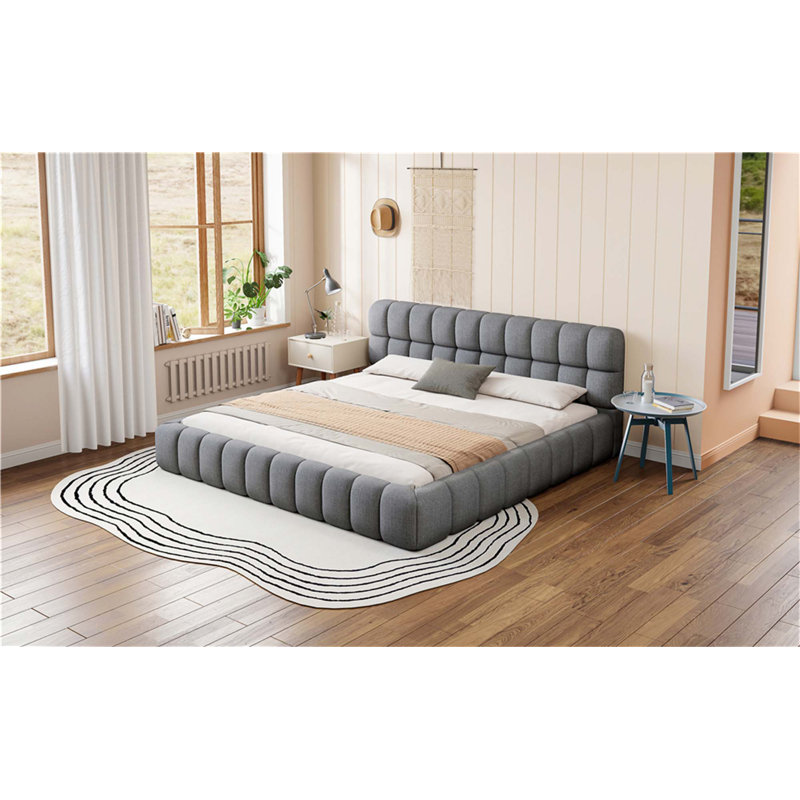 King Size Upholstered Platform Bed With Thick Fabric, Grounded Bed With Solid Frame, Gray, Gray