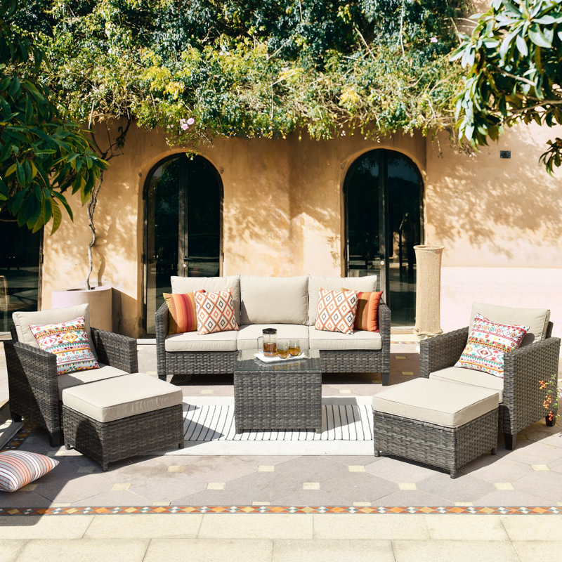Allcot 5 - Person Wicker/Rattan Patio Furniture Set, Outdoor Sofa Set with Couch, Chairs, Ottomans, Throw Pillows, Coffee Table and Comfy Cushions