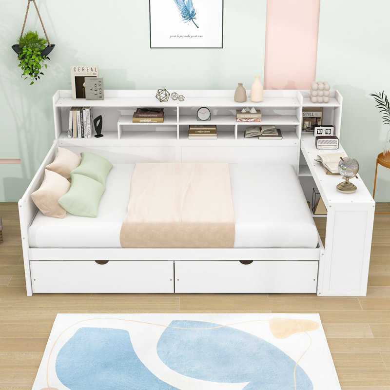 Wood Daybed with 2 Storage Drawers and Study Desk, Antique White, Full / Double