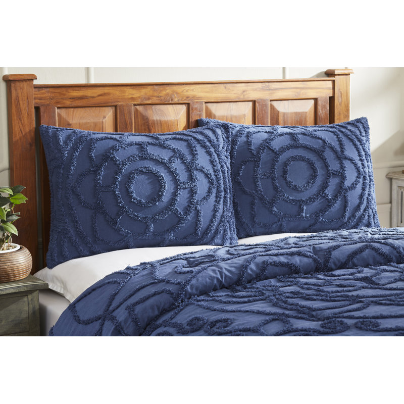  100% Cotton Machine Washable Floral Pattern Comforter with Sham Set, Navy, King Comforter + 2 King Shams