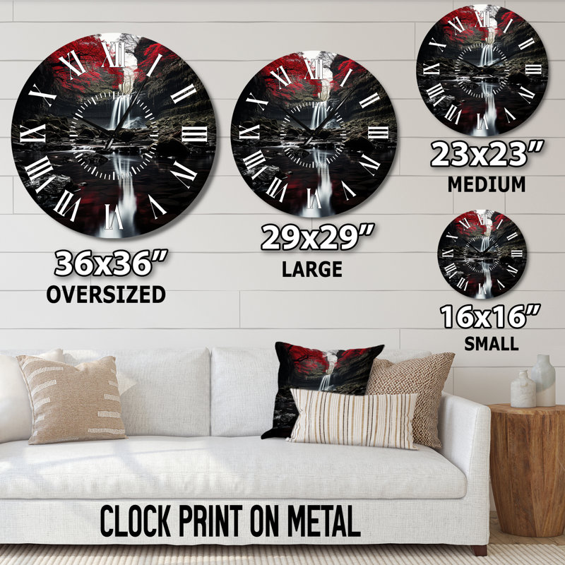 Horloge murale grise et rouge Waterfall Of Eternity II - Paysages, Médium