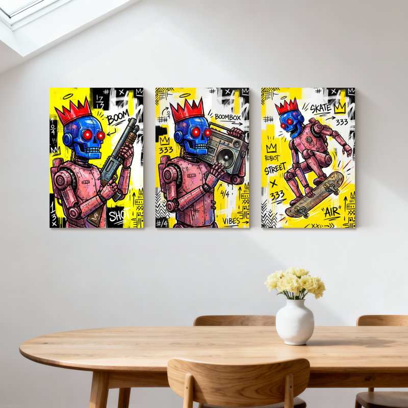 «Robot with Crown and Gun Robot with Boombox Robot on Skateboard», ensemble de 3 impressions sur toile, H 18 po x l 36 po