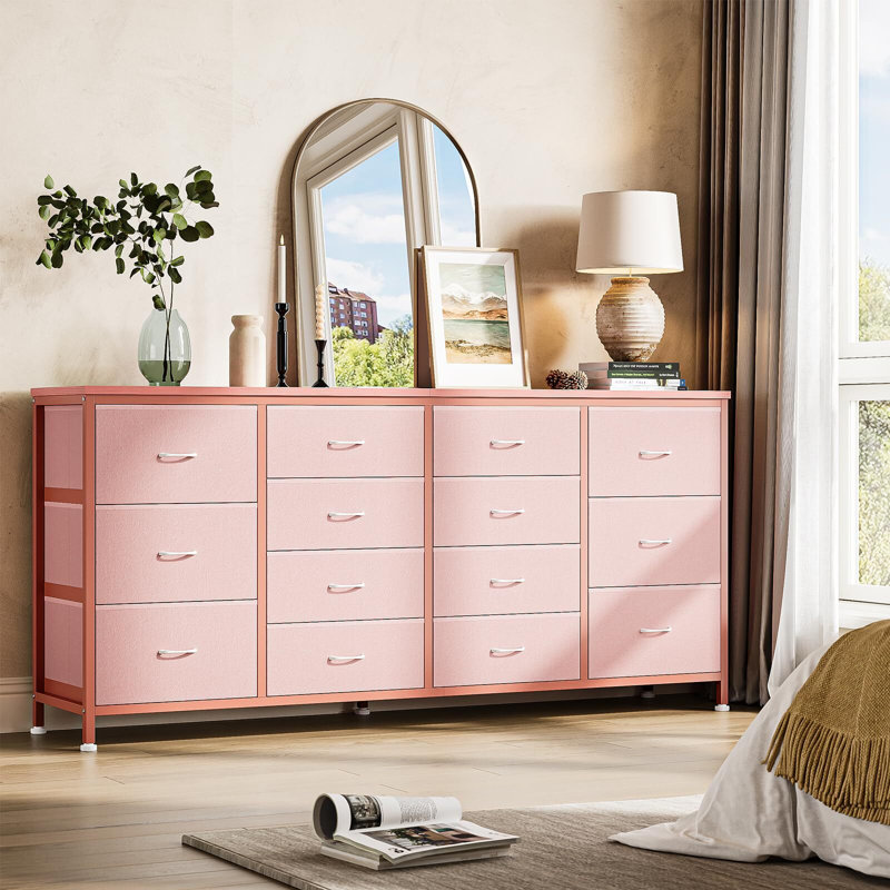 14 Drawer Dresser, 63 Inch Dresser TV Stand, Pink