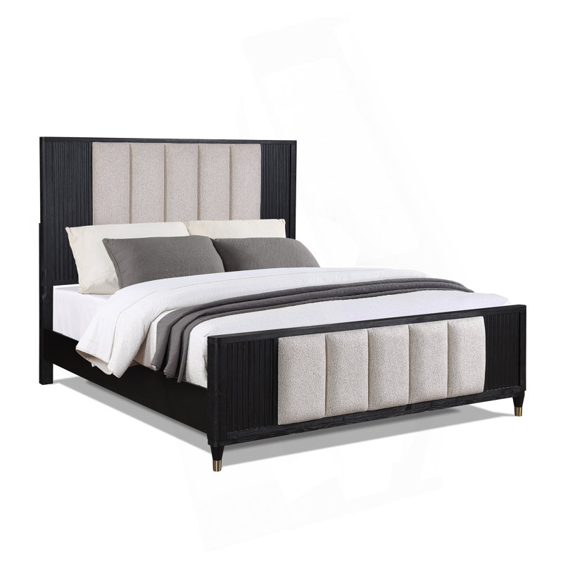 Élégante tête de lit à panneau haut avec accents texturés, lignes épurées, lit 1pc, noir et blanc, Grand lit