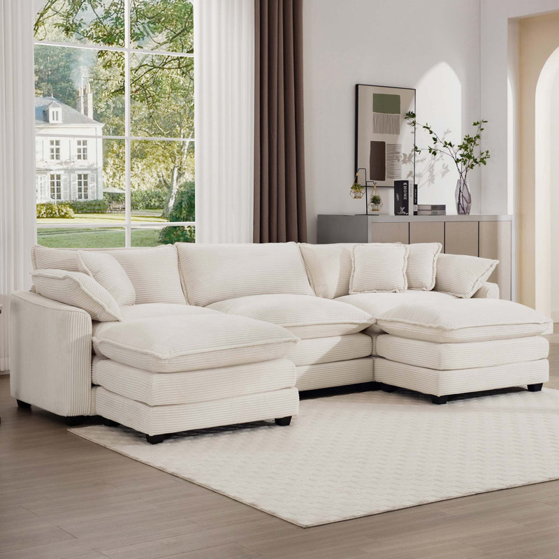 Très grand canapé modulaire à coussins modulaires avec repose-pieds, canapé d'angle modulaire rembourré en U confortable, velours côtelé beige clair
