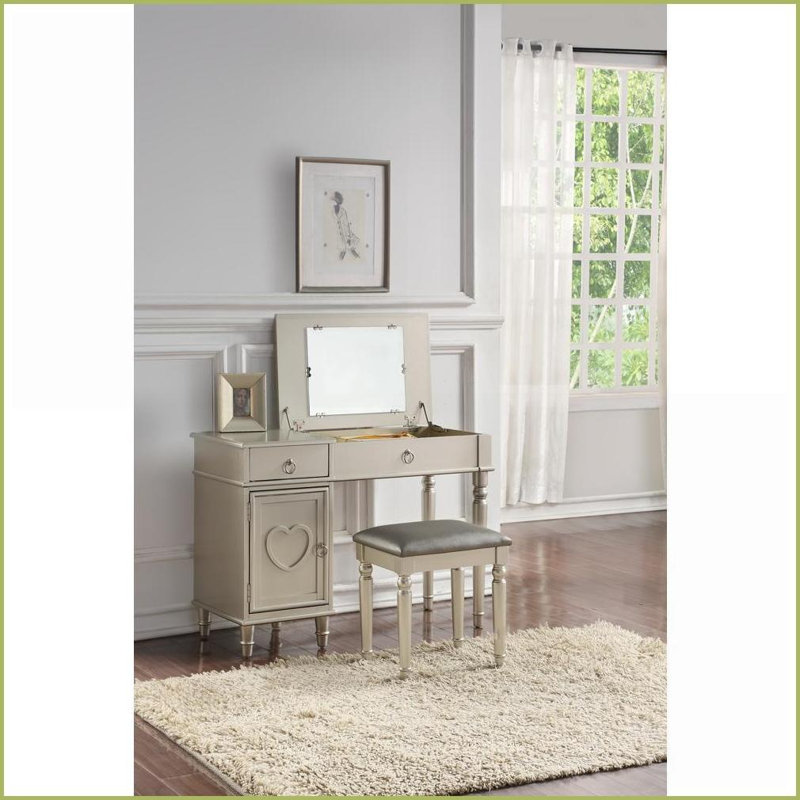 Ensemble de coiffeuse de chambre à coucher avec tabouret, miroir rabattable, tiroirs de rangement | Noir | Bois d'hévéa