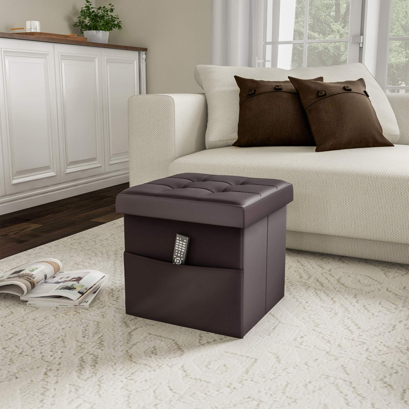 Charette 15" Storage Ottoman with Pocket - 15-Inch Folding Tufted Faux Leather Foot Rest for Bedroom, Living Room, Dorm, or RV