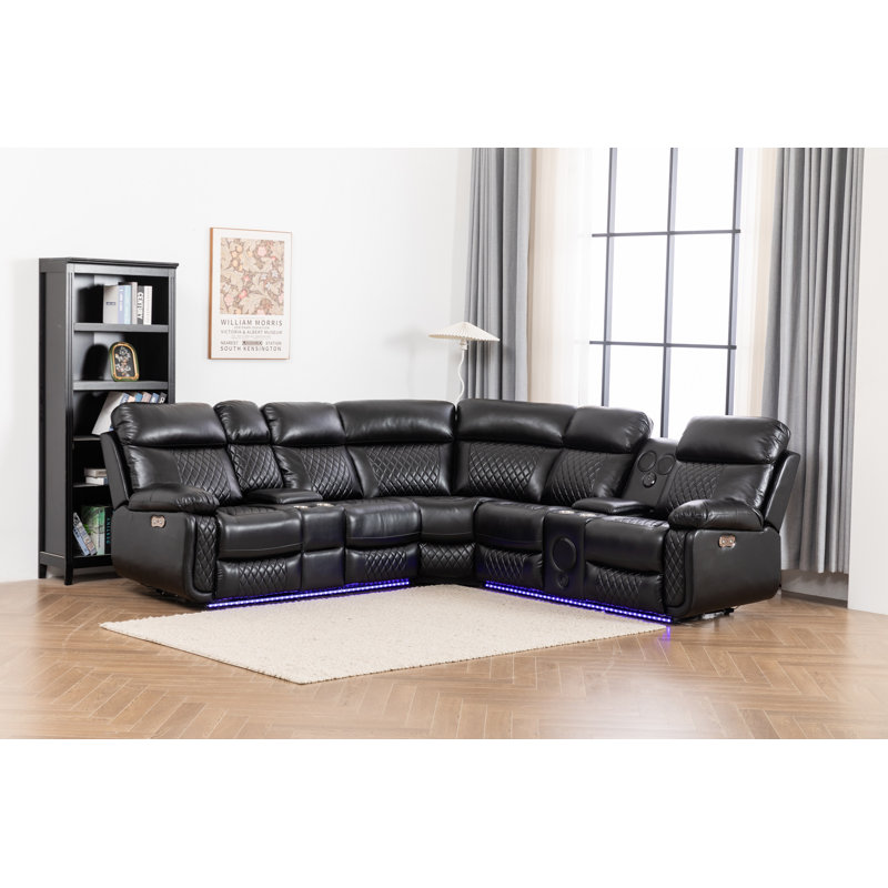 Sectional Recliner Sofa Set For Living Room Bluetooth Three Speaker ,Led Lighting And Cup Holders, Black