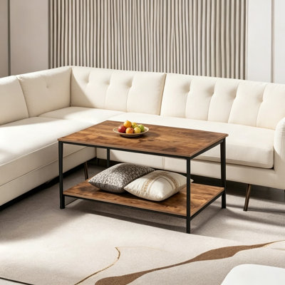 Small Rectangle Coffee Table with Storage Shelf, Brown Wood and Metal Frame, 2-Tier Design for Small Living Spaces, 31.5 x 20 x 16.2 Inches