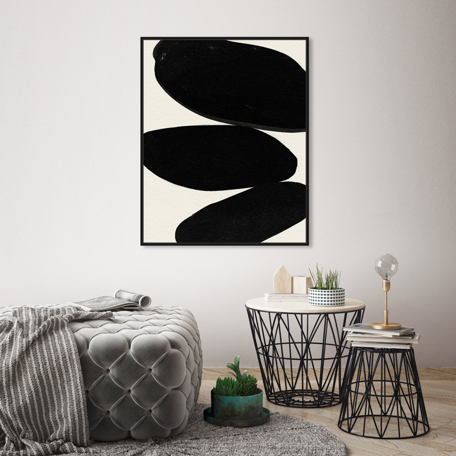 Beige and Black Abstract Modern Print, 31" H x 25" W, Black