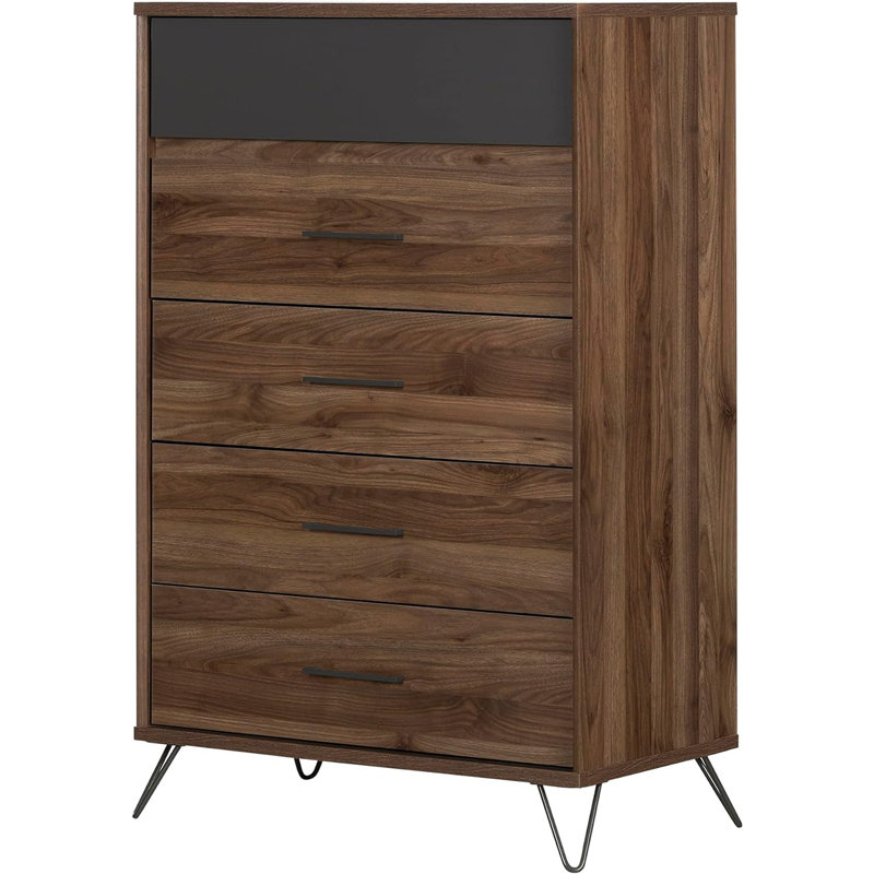 Olvyn Scandinavian 5-Drawer Tall Chest in Natural Walnut and Charcoal
