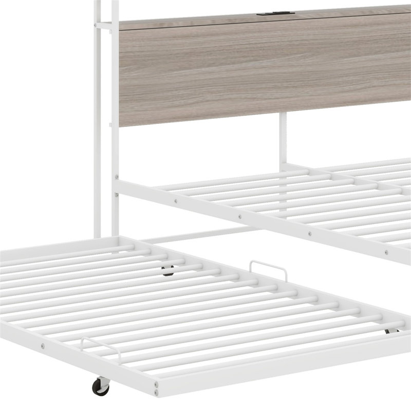 Base de lit plateforme avec couchette, ports USB et support à lattes, Blanc / Chêne, Double