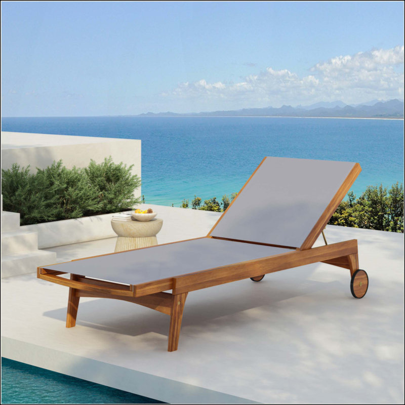 Outdoor Acacia Wood Chaise Lounge With Mesh Seating For Patio And Backyard Relaxation, Gray