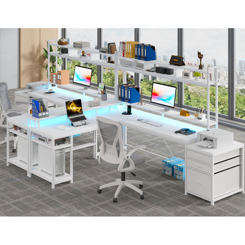 Mobean L-Shaped Computer Desk with Power Outlet, White