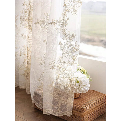 Rod Pocket Sheer Curtains for Living Room, Luxury Lace Embroidered Sheer Curtain Panels, Delicate Warp‑Knitted Floral Embroidery Light Filtering Semi‑Transparent Voile Drapes for Bedroom Window Decor (2 Panels , 39''W * 106''L)