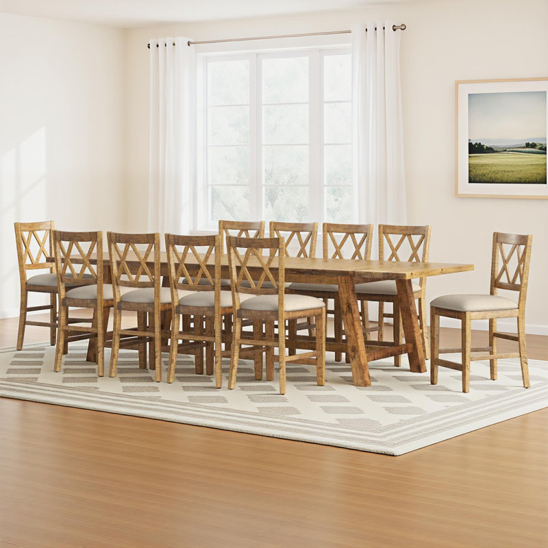 Maxine Extendable Solid Wood Dining Set, 11 Pieces: 1 Table, 10 Chairs