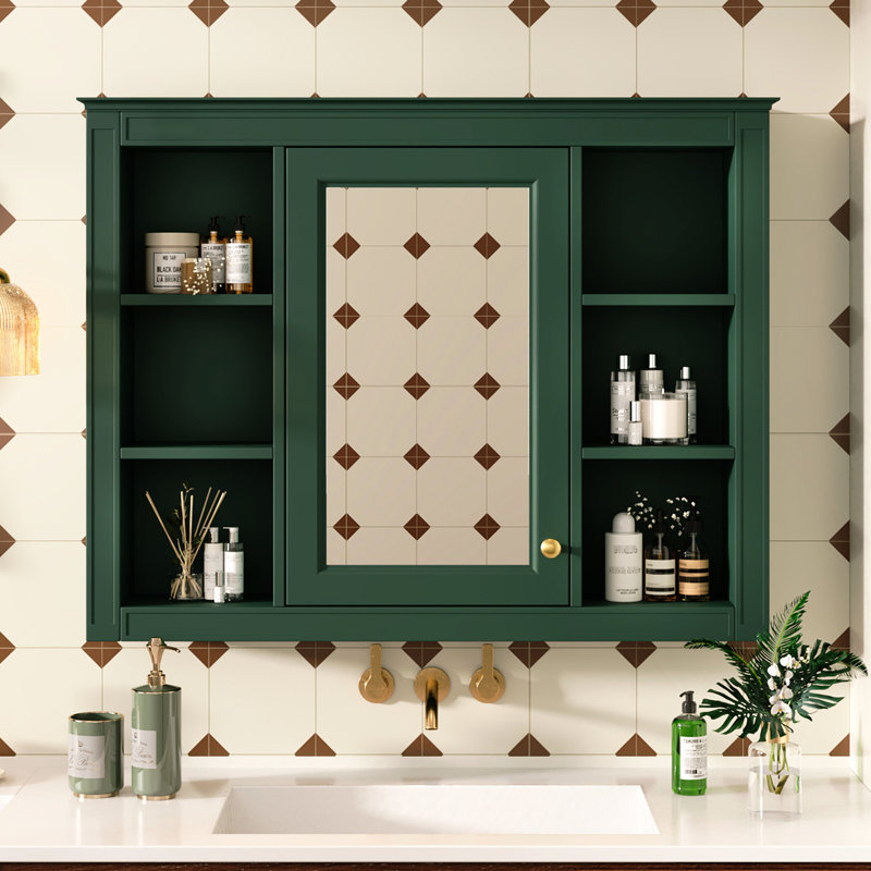 Armoire de salle de bain moderne 35 po x 27,5 po - Miroir mural avec compartiment de rangement supplémentaire, Vert