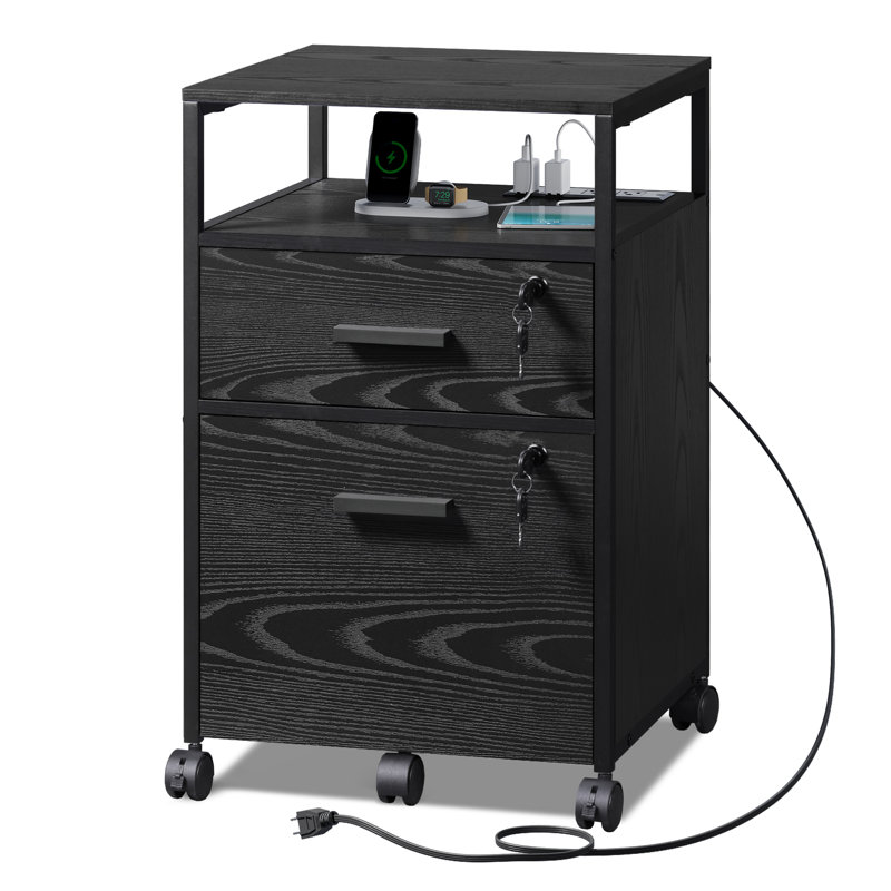 2 Drawer File Cabinet, Mobile Printer Stand With Open Storage Shelf, Black