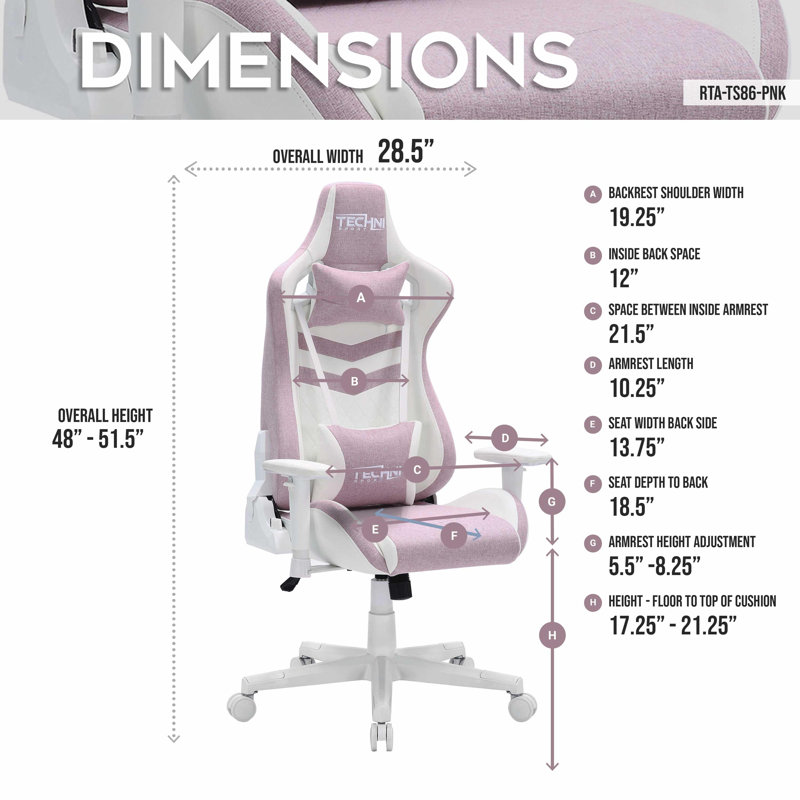 Techni Sport Pink and White Ergonomic Gaming Chair with Memory Foam