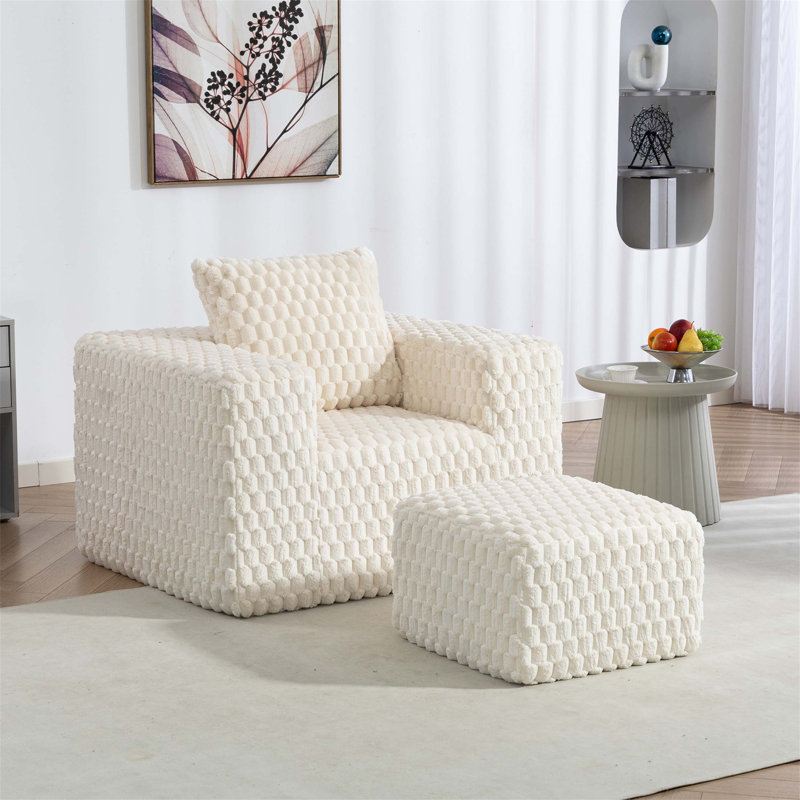 Canapé en velours côtelé avec repose-pieds Lingge-33006, Blanc