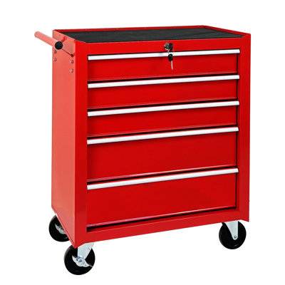 5-Drawer Rolling Tool Chest w/Lock & Key, Tool Storage Cabinet with Wheels, Top Cushion & Drawer Liners, Tool Organizer Box for Garage, Warehouse & Repair Shop-RED