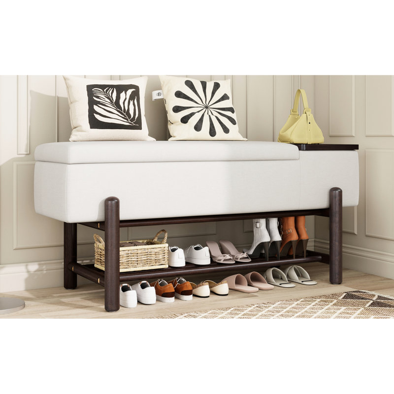 - Colored Modern Entryway Bench With Hidden Storage. Beige Upholstered Fabric, Solid Rubber Wood Legs, And 2 Inch Thick Memory Foam Cushion. Lower Rack For Shoe Storage, Arc Shaped Sanded Legs In