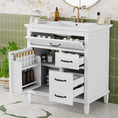 30" Bathroom Vanity With Ceramic Sink, Solid Pine Wood Frame & MDF Cabinet, Freestanding Storage Vanity With Flip Drawer & Adjustable Shelf (Faucet Not Included)