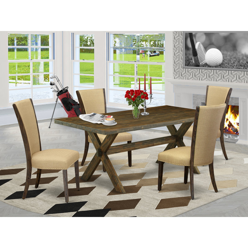5 Piece Dining Set Includes a Rectangle Dining Room Table with X-Legs and 4 Brown Linen Fabric Upholstered Parson Chairs, Distressed Jacobean