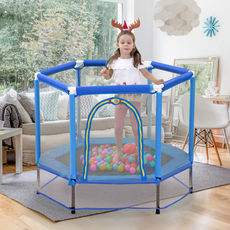 Trampoline avec filet de sécurité et balles, Bleu