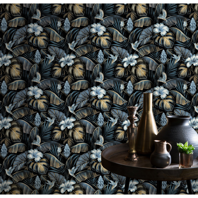 Bouganville 10.05m x 53cm Textured Matte Wallpaper Roll, Blue/Tan/Black