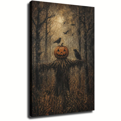 Jack O Lantern Scarecrow Canvas Wall Art, Pumpkin Head Scarecrow With Crows In Autumn Forest Vintage Halloween Canvas Artwork