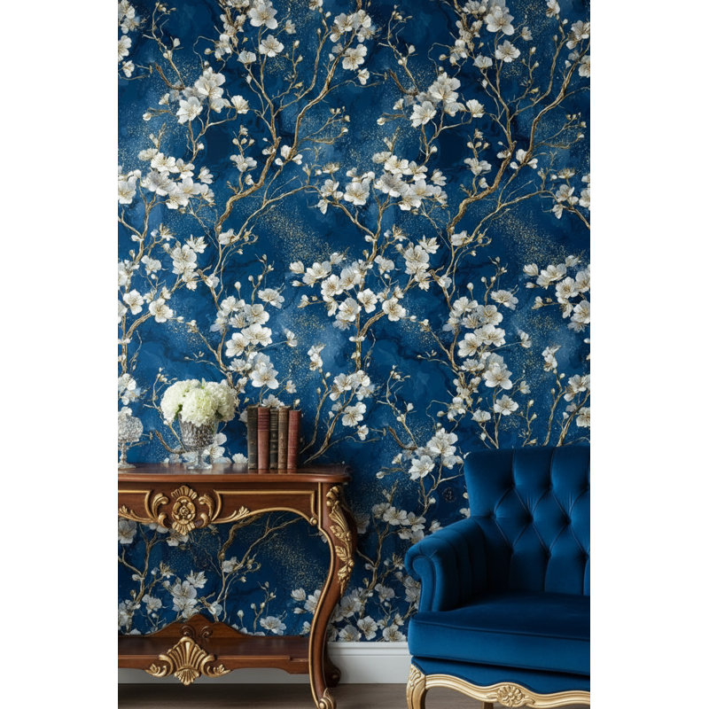 Floral Wallpaper Blue Gold Decorative Mural
