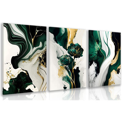 Framed Green Gold Abstract Wall Art, Emerald Marble Textured Wall Decor, Contemporary Line Flower Canvas Paintings, Abstract Floral Poster Prints For Living Room Bedroom Office 12"X16"X3