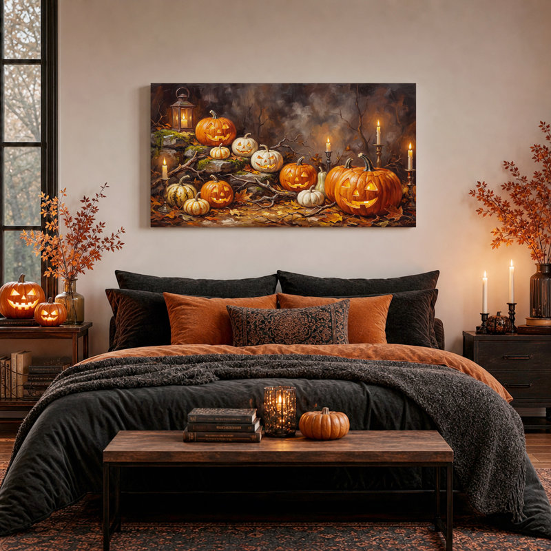 " Carved Pumpkins And Lit Candles In Dark Forest Halloween " Painting Print, 58“W x 28”H