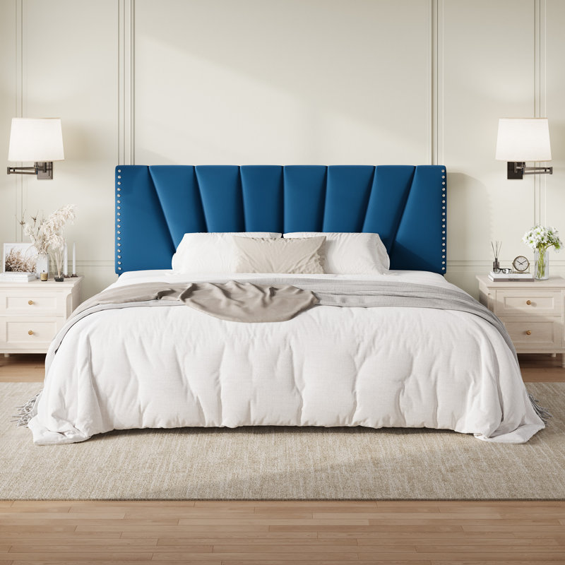 Velvet Upholstered Platform Bed Frame With Tufted Headboard And Nailhead Trim, Adjustable Height, No Box Spring Needed, Blue