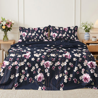 4-Piece Navy Floral Sheet Sets Queen Size,Blossom Bed Sheet with Pillowcases,Fade Resistant Bedding Sets