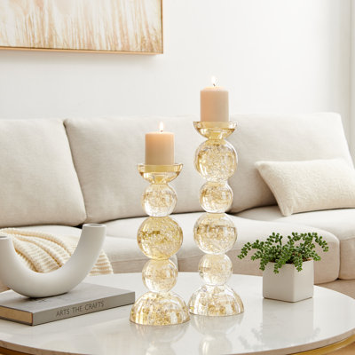 Enya Champagne Gold Tint Bubble Glass Stacked Orb Pillar Candle Holder Set Of 2