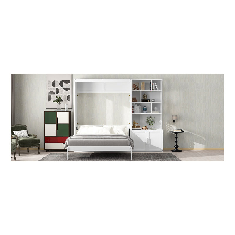 Lit escamotable double avec plusieurs tablettes de rangement et une armoire, blanc