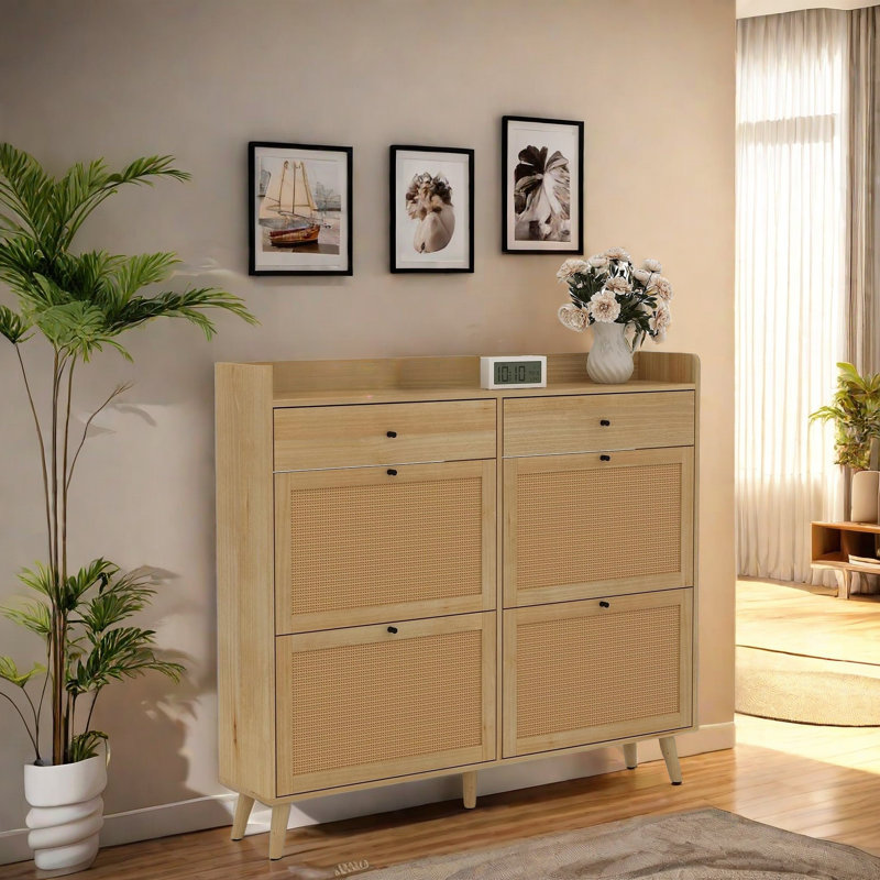 Rattan Shoe Storage Cabinet With 4 Flip Drawers, 2 Drawers