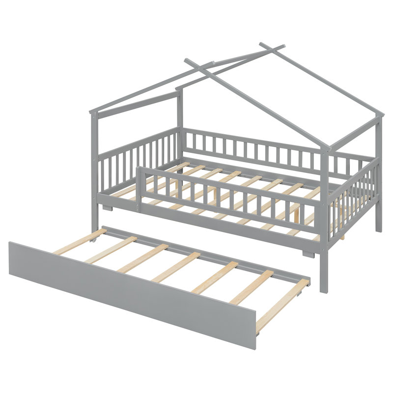 House Style Bed With Built In Trundle, Gray, Full