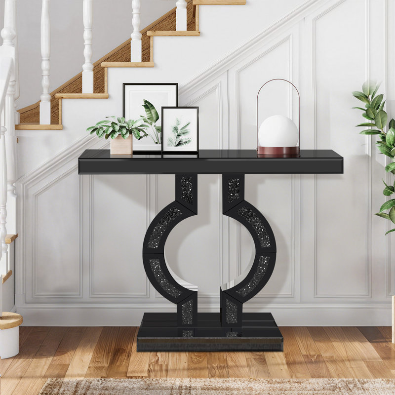 Console à miroir noir avec incrustation de diamant concassé, canapé d'entrée de 39,4 po de long, table d'appoint moderne à base en forme de O pour le salon, le couloir, le vestibule, l'entrée
