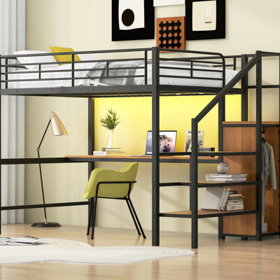 Lit mezzanine pleine grandeur en métal avec bureau, escalier de rangement, petite armoire, éclairage à DEL confortable et élégant