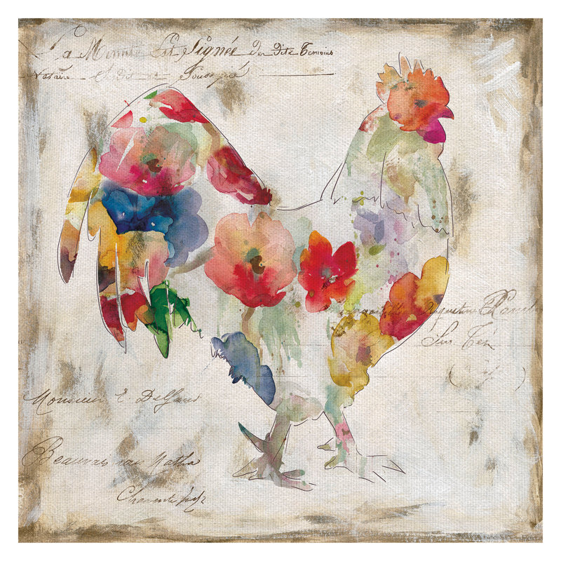 « floraled coq », reproduction de peinture à l’aquarelle sur toile tendue, H 16 po x l 16 po x P 2 po